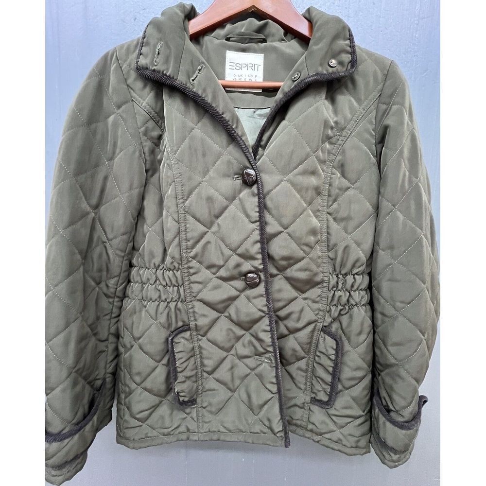 Esprit Jacket Women XS Green‎ Quilted Lightweight Removable Hood Coat Vintage
